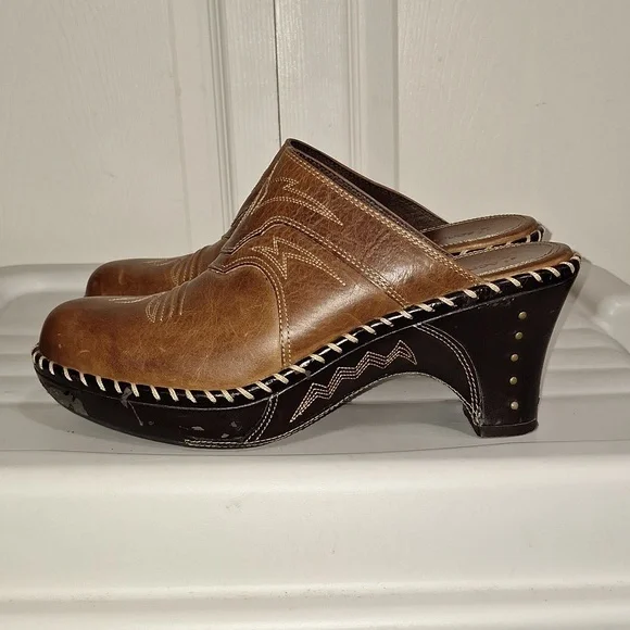 Sonora leather cowboy boot western mules clogs slip-on - brown embroidered - 10 - Picture 3 of 9